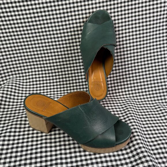 COCLICO Shoes - Coclico Green Leather Platform Mules Wooden Heel Sandals EU 37.5 Made in Spain